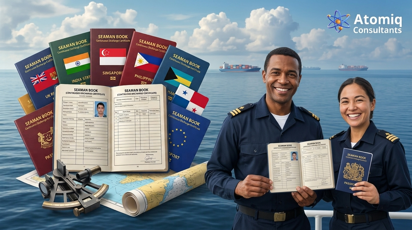 Two smiling uniformed sailors hold their seaman books and passports on a ship deck, with a map and nautical tools nearby and the Atomiq Consultants logo in the sky.