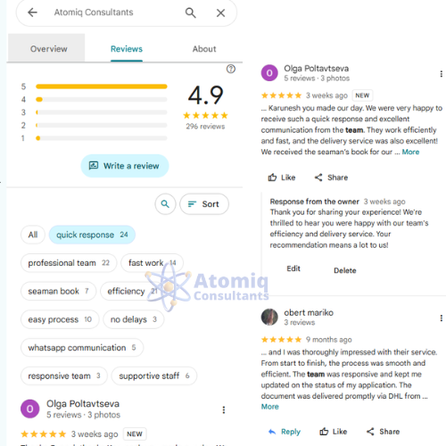 Google review of Seamanbooks (Atomiq consultants) specialized maritime documentation services