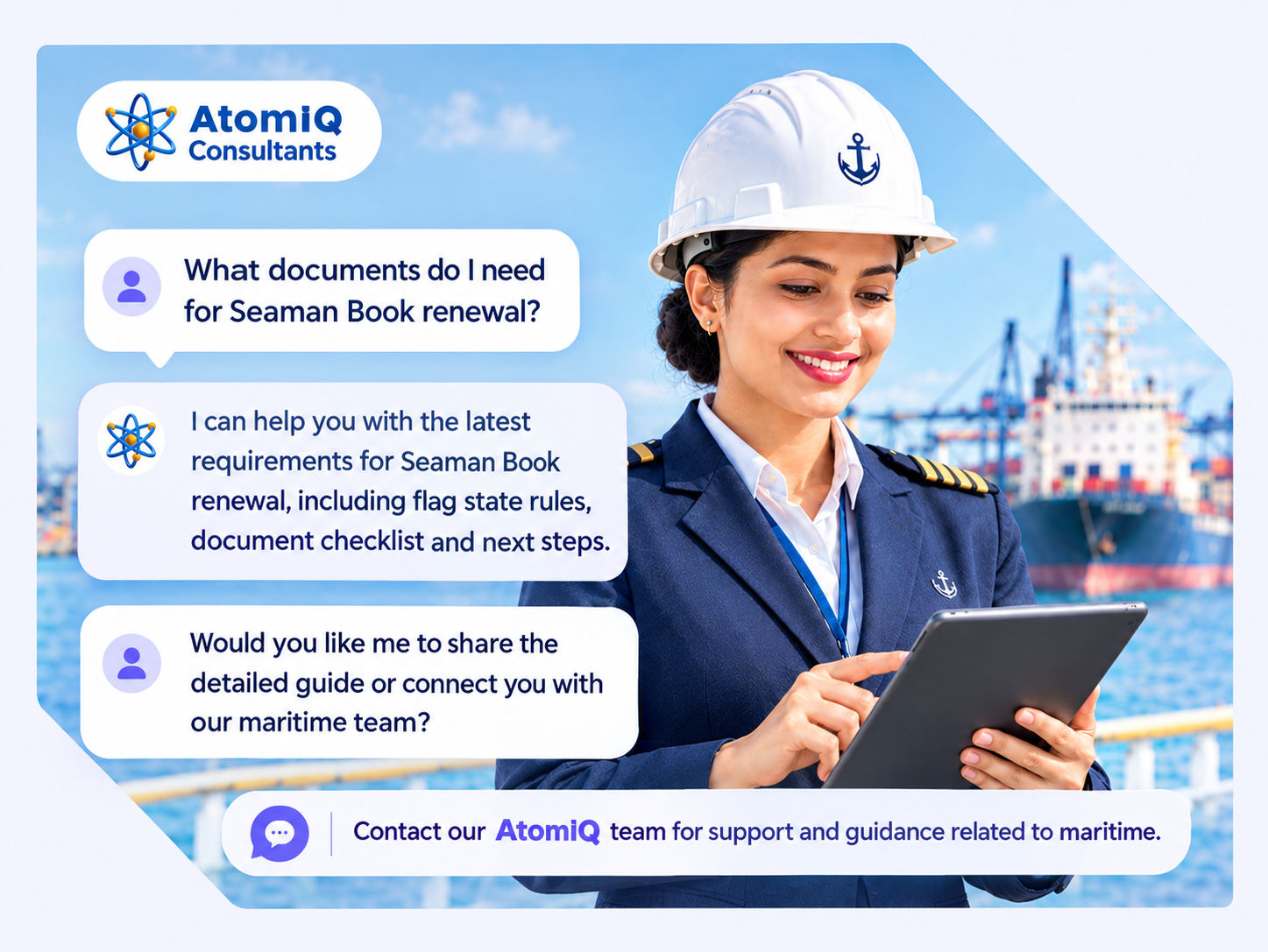 Contact us Seaman books for Seaman's Book, CDC, SIRB, STCW and Seafarers support Atomiq Group